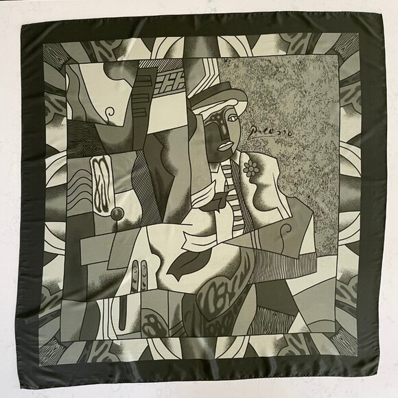 Picasso Art Inspired w Wide Solid Border 34" x 34" Square Scarf Green - no tags - Picture 7 of 7
